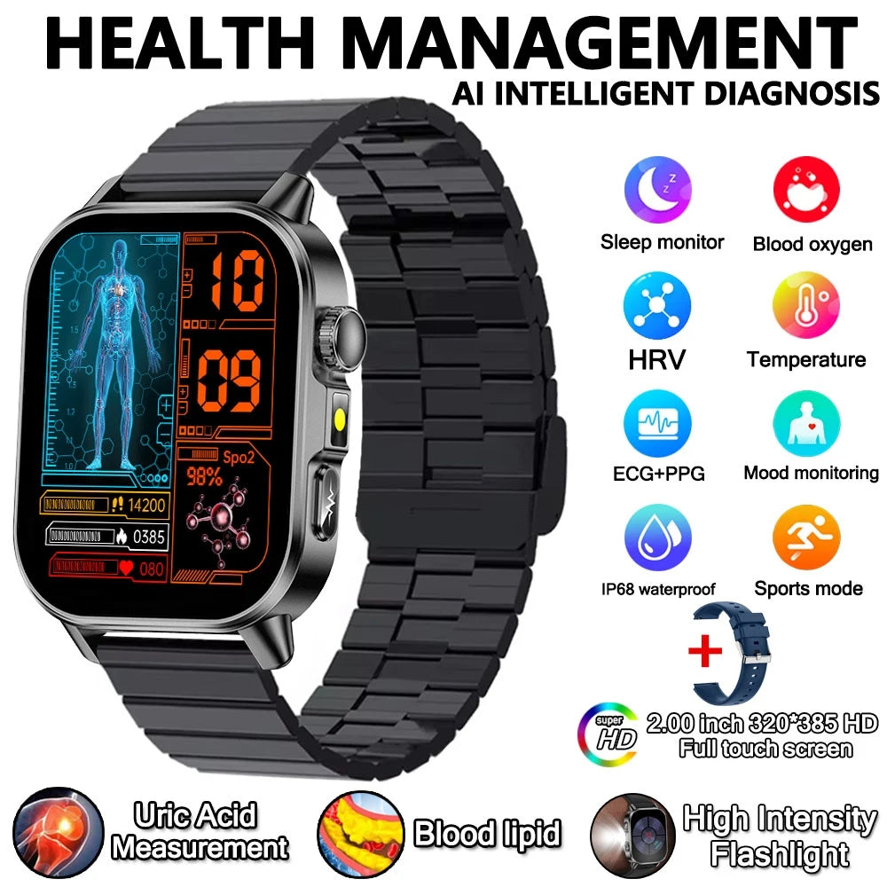 2026 New Model Uric Acid & Lipid Health Analysis Smart Watch Men ECG+PPG Bluetooth Call 2.01-inch Flashlight Smartwatch Women Innova Techno