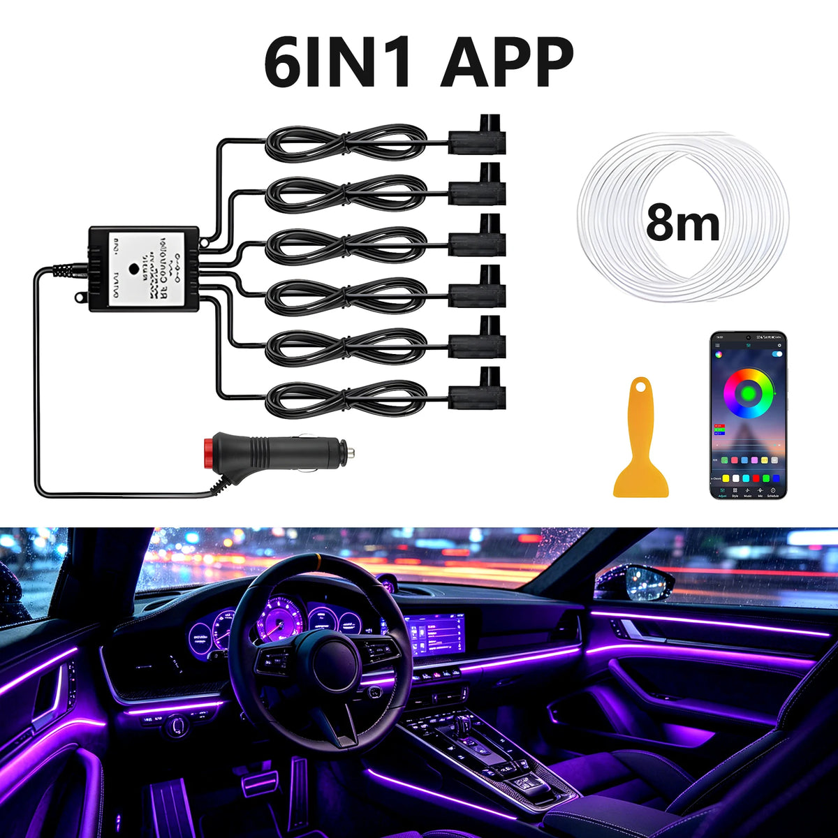 6IN1 8m Car Interior RGB Fiber Optic Ambient Light Kits APP Remote Control Music Sync Neon Strip Light 12V Car Decoration Lamp