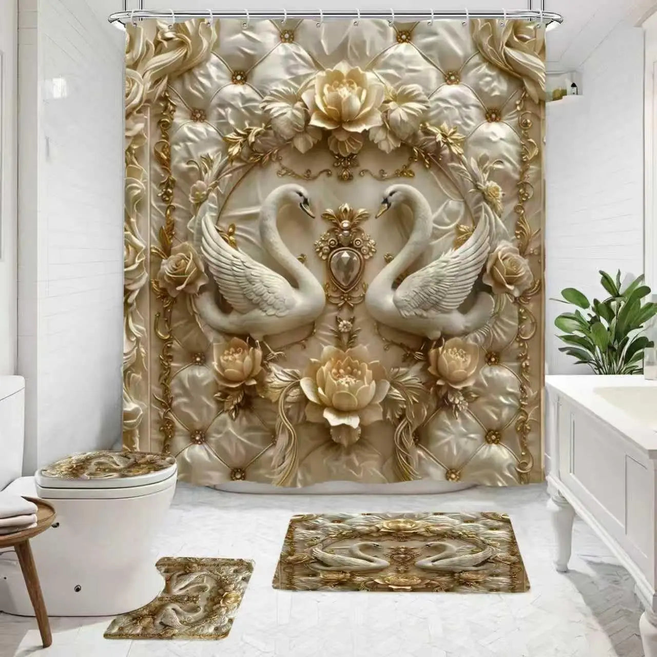 4 Piece Luxury Swan Reliefs Shower Curtain Set - Elegant Bird Printed Bathroom Decor - Washable Fabric Curtain - Rugs and Covers Innova Techno