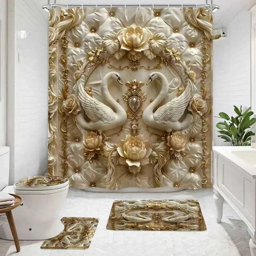 4 Piece Luxury Swan Reliefs Shower Curtain Set - Elegant Bird Printed Bathroom Decor - Washable Fabric Curtain - Rugs and Covers Innova Techno