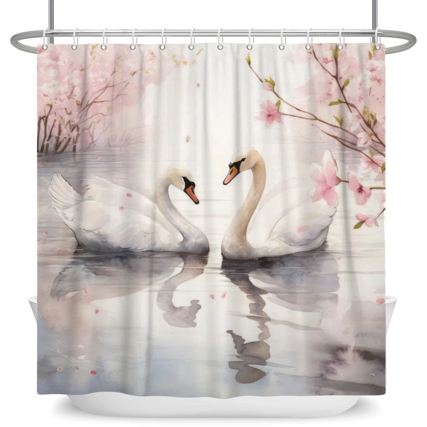 Golden Floral Swan Printed Shower Curtain Set Waterproof Bathroom Partition Curtain with Hooks, Bath Accessories Aesthetic Decor