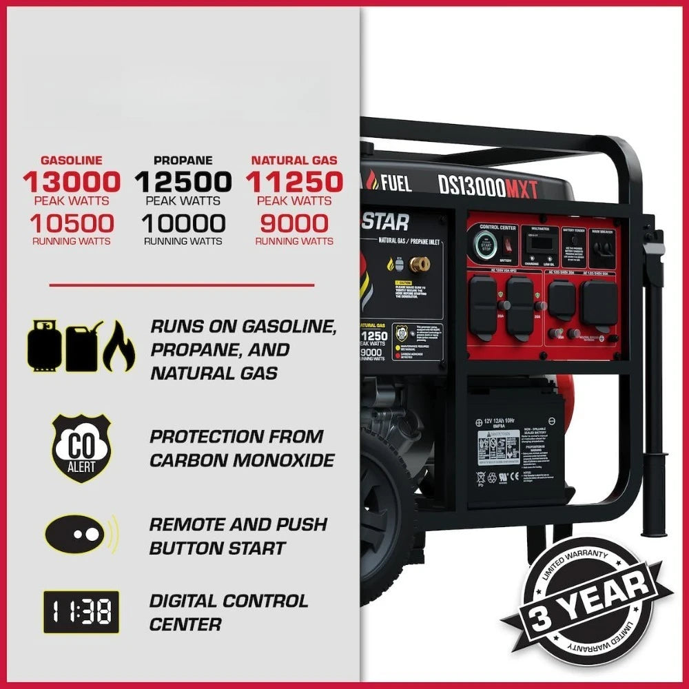 13000W 500cc Tri Fuel Portable Generator Electric Start for Home RV Emergency
