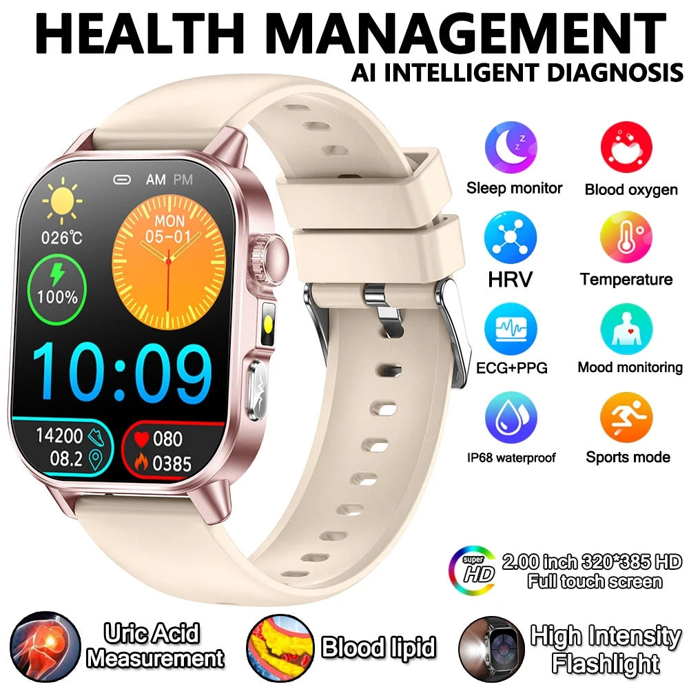 2026 New Model Uric Acid & Lipid Health Analysis Smart Watch Men ECG+PPG Bluetooth Call 2.01-inch Flashlight Smartwatch Women Innova Techno