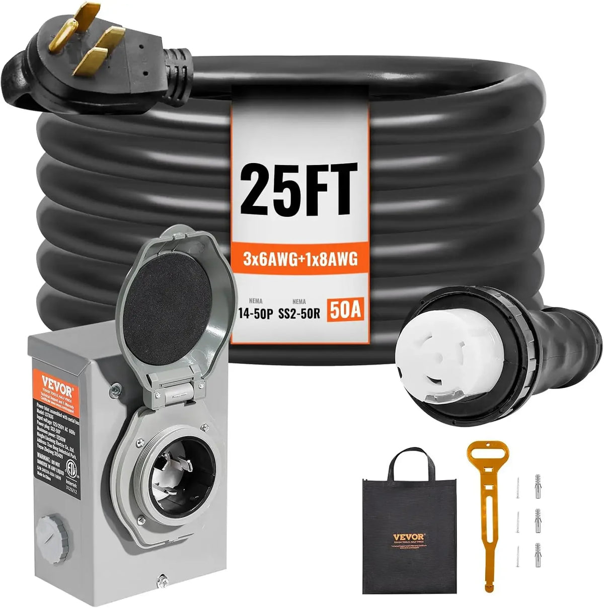 50 Amp Generator Cord and Power Inlet Box Kit, 25FT Generator Extension Cord NEMA 14-50P/SS2-50R STW 6/3+8/1 AWG