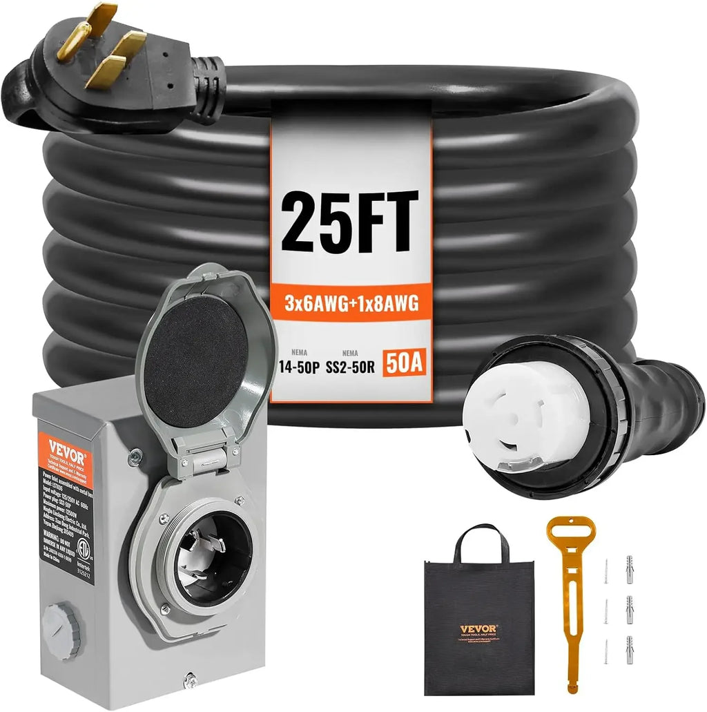 50 Amp Generator Cord and Power Inlet Box Kit, 25FT Generator Extension Cord NEMA 14-50P/SS2-50R STW 6/3+8/1 AWG