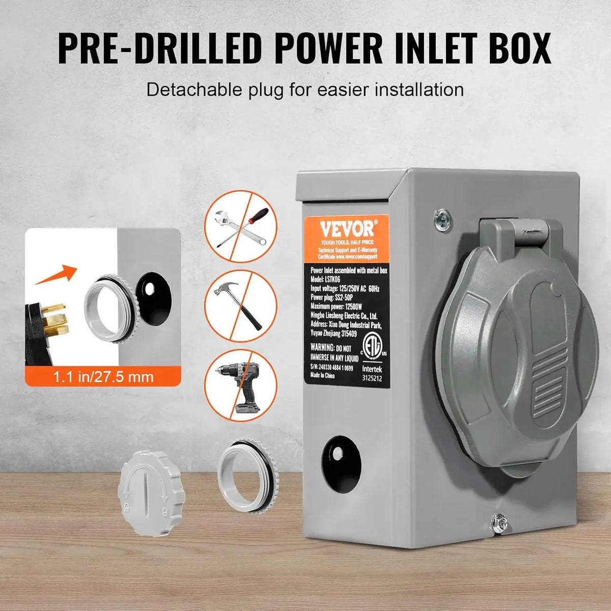50 Amp Generator Cord and Power Inlet Box Kit, 25FT Generator Extension Cord NEMA 14-50P/SS2-50R STW 6/3+8/1 AWG