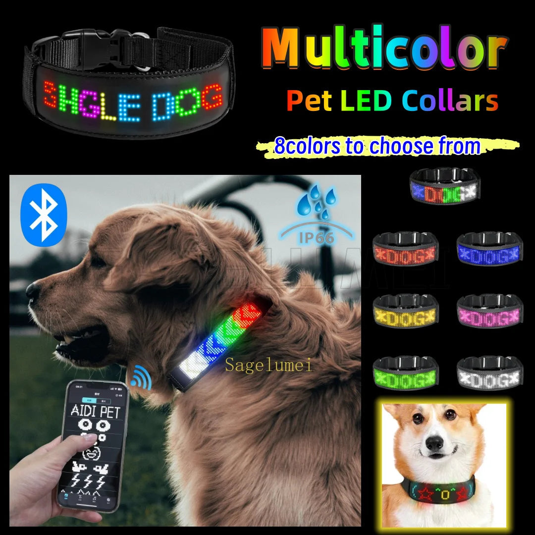 LED Multicolor Display Pet Dog Collars Programmable Multilingual Scrolling Customized Animations Rechargeable Glowing Necklace Innova Techno