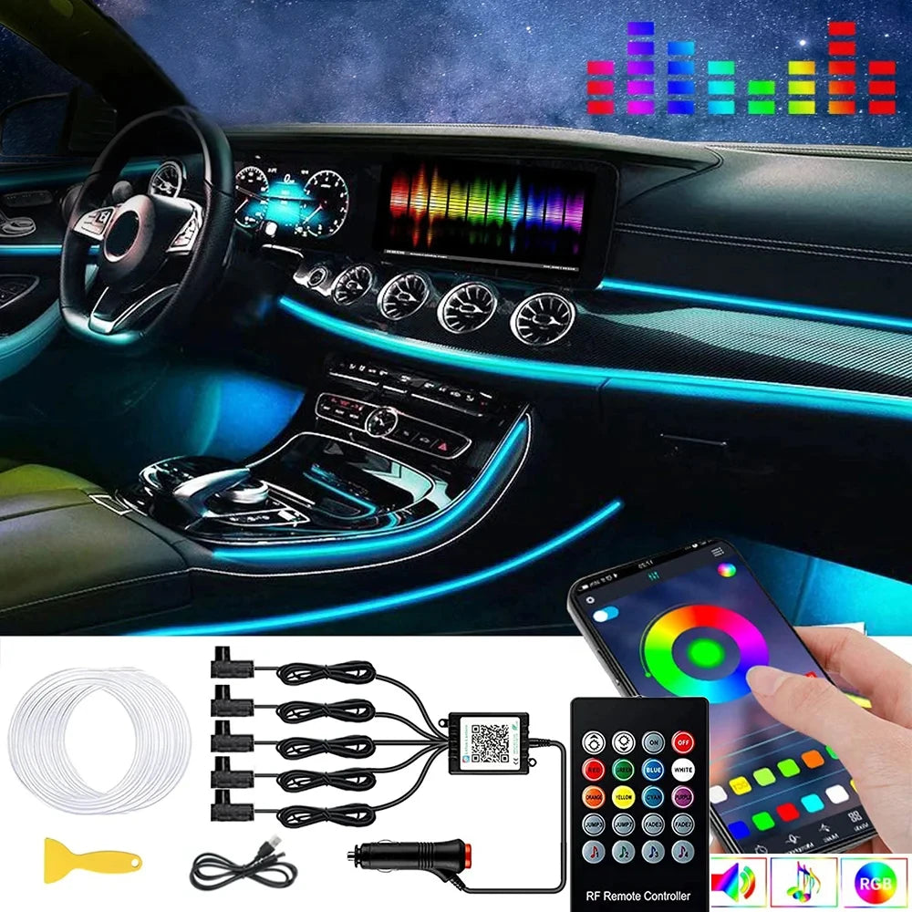 6IN1 8m Car Interior RGB Fiber Optic Ambient Light Kits APP Remote Control Music Sync Neon Strip Light 12V Car Decoration Lamp