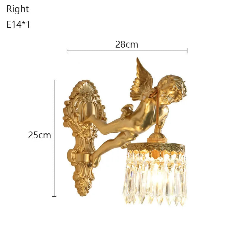 French Vintage Style Copper Angel Hanging Flower Crystal Wall Lamp Palace Corridor Entrance Porch Balcony Bedside Lighting