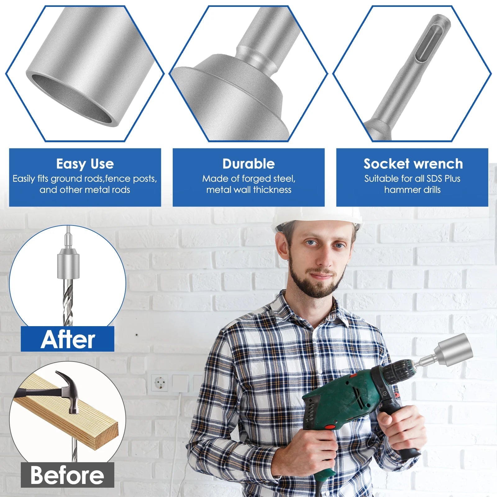 30/45/65mm Heavy Duty SDS-Plus T Post Ground Rod Driver Tool Forged Steel Drill Bit Driver Durable Hammer Drill Rod Converter Innova Techno