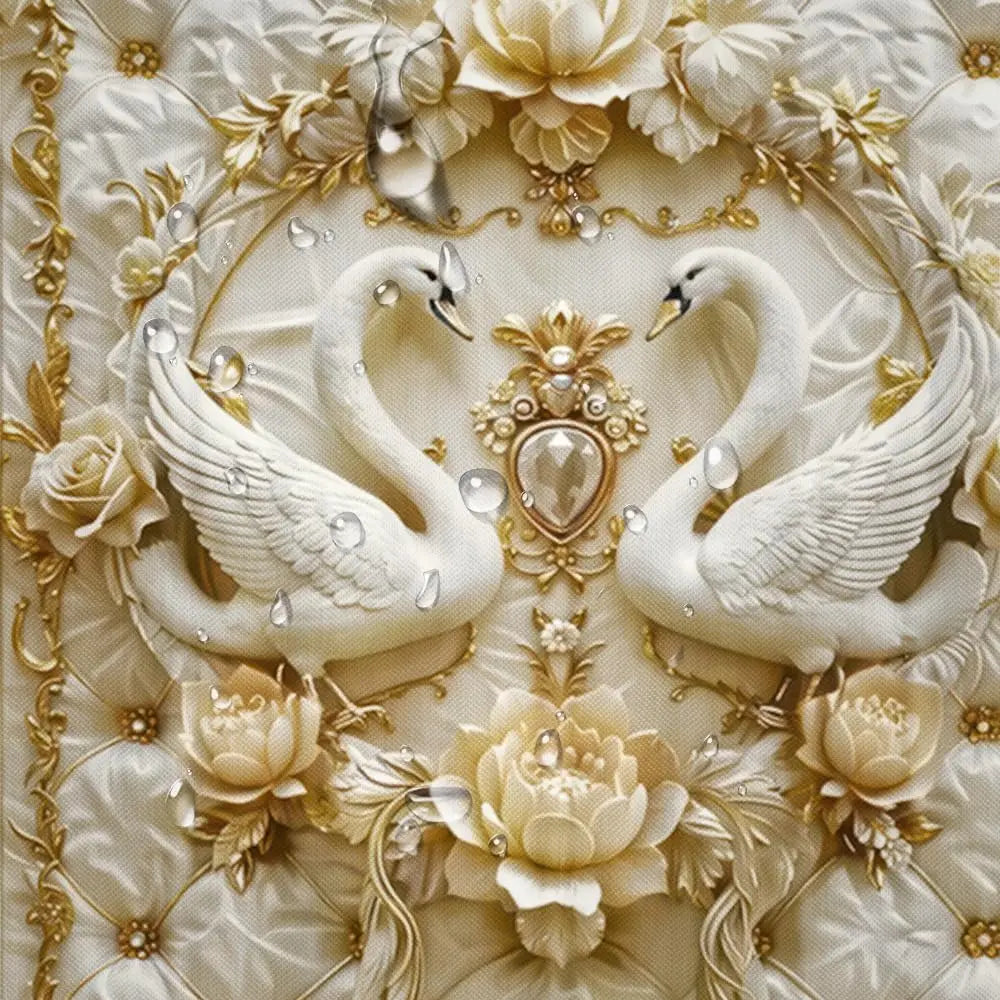 4 Piece Luxury Swan Reliefs Shower Curtain Set - Elegant Bird Printed Bathroom Decor - Washable Fabric Curtain - Rugs and Covers Innova Techno
