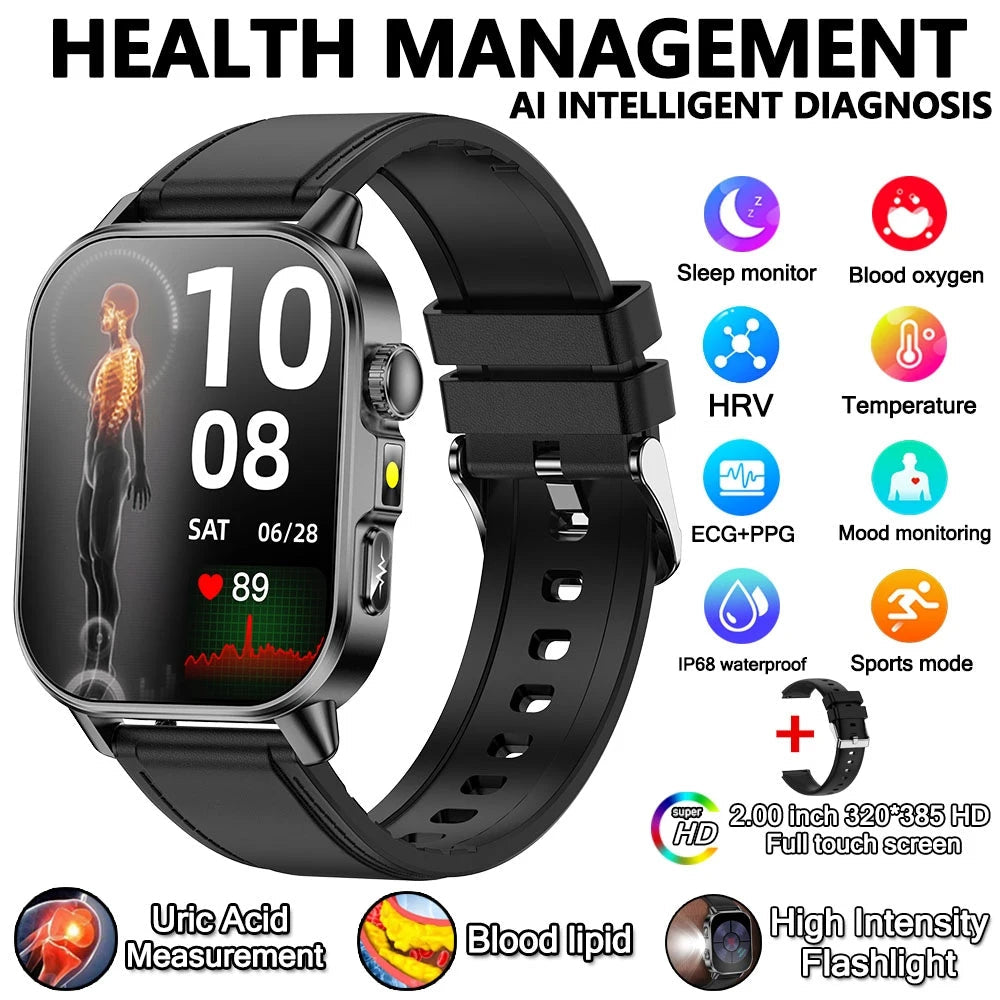 2026 New Model Uric Acid & Lipid Health Analysis Smart Watch Men ECG+PPG Bluetooth Call 2.01-inch Flashlight Smartwatch Women Innova Techno