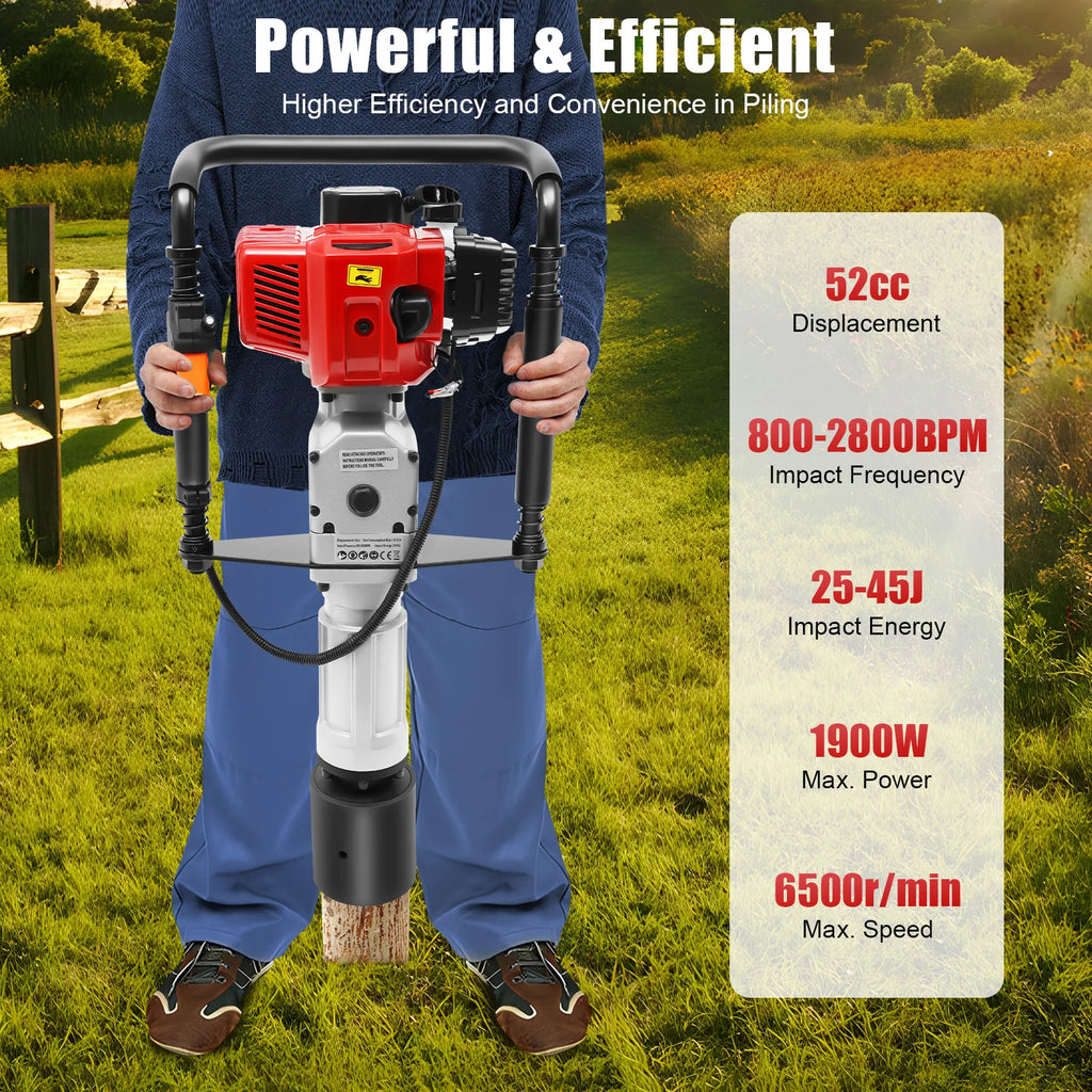 Pile Driver Hammer - 52CC Gas Powered T Post Driver - 1900W 2.3HP 2 Post Driving
