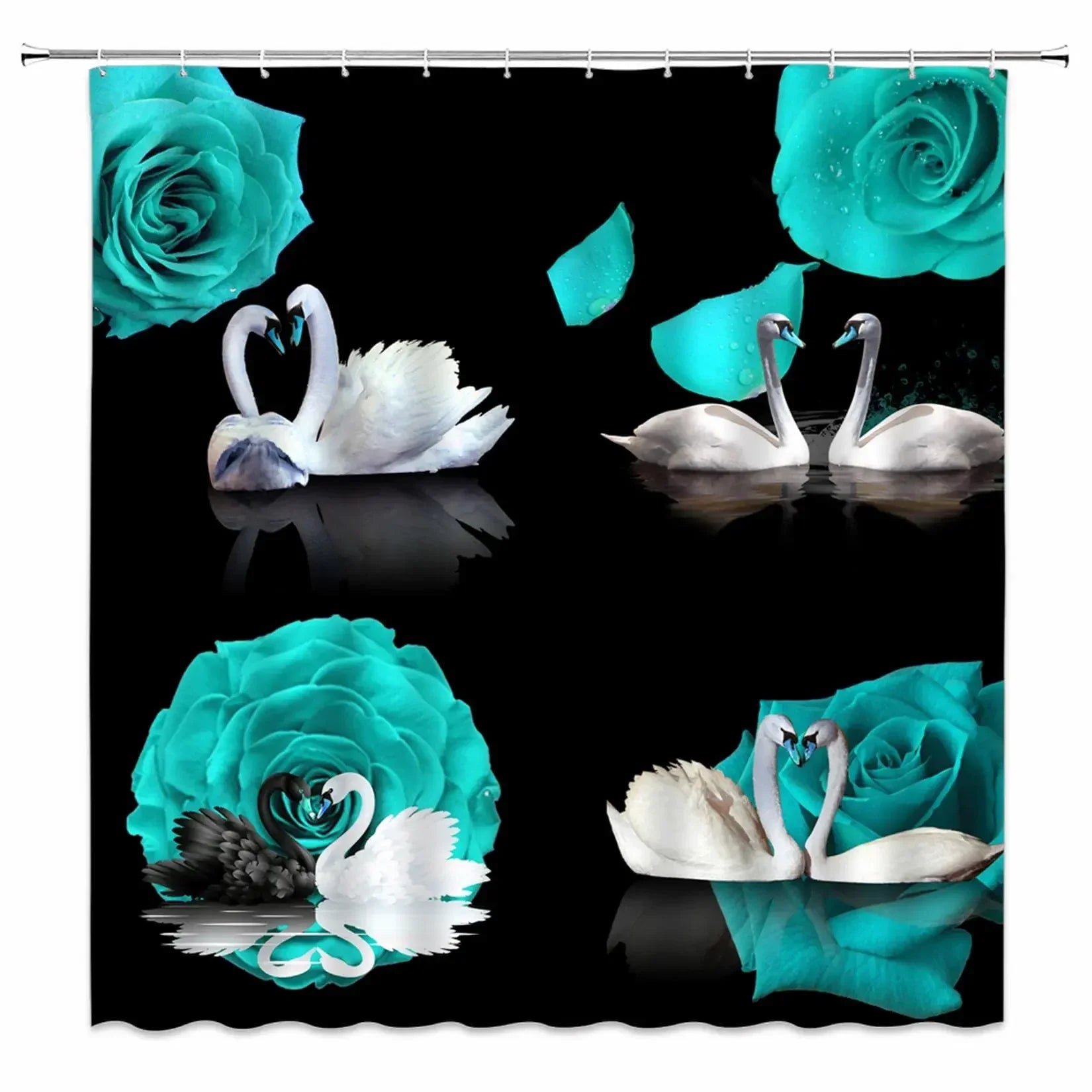 Golden Floral Swan Shower Curtain Set | Waterproof Bathroom