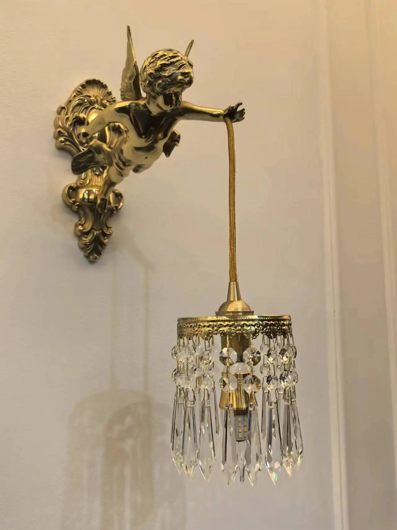 Retro French Brass Wall Lamp Hotel Bedroom Aisle Staircase Wall Angel Crystal Decorative Light Background Wall Copper Light Innova Techno