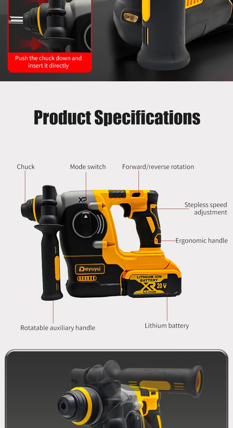 Brushless Hammer Drill Cordless Electric Hammer 20V Wireless Drills Power Tools suitable for Dewalt 20V Battery