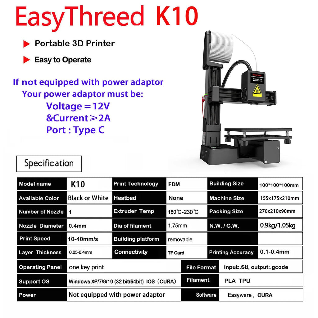 EasyThreed 3D Printer  Entry Level  Compatible with PLA TPU 1.75mm Filament  include Power Adaptor. Innova Techno