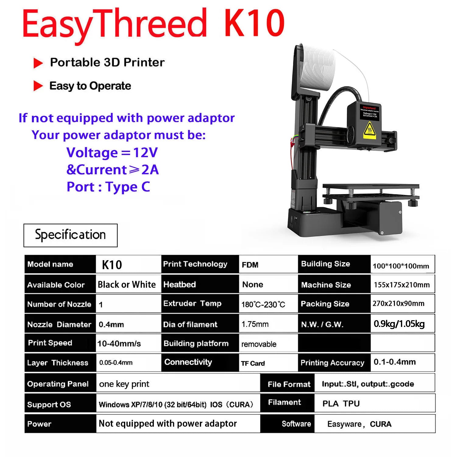 EasyThreed 3D Printer  Entry Level  Compatible with PLA TPU 1.75mm Filament  include Power Adaptor. Innova Techno