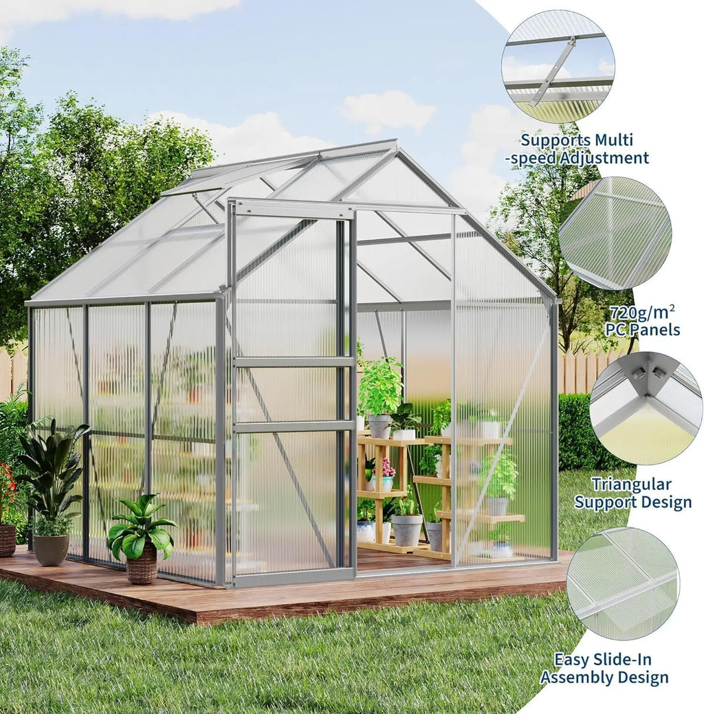 6x6 ft Outdoor Greenhouse Kit, Heavy Duty Polycarbonate Greenhouse with Reinforced Aluminum Frame, Adjustable Roof Vent,