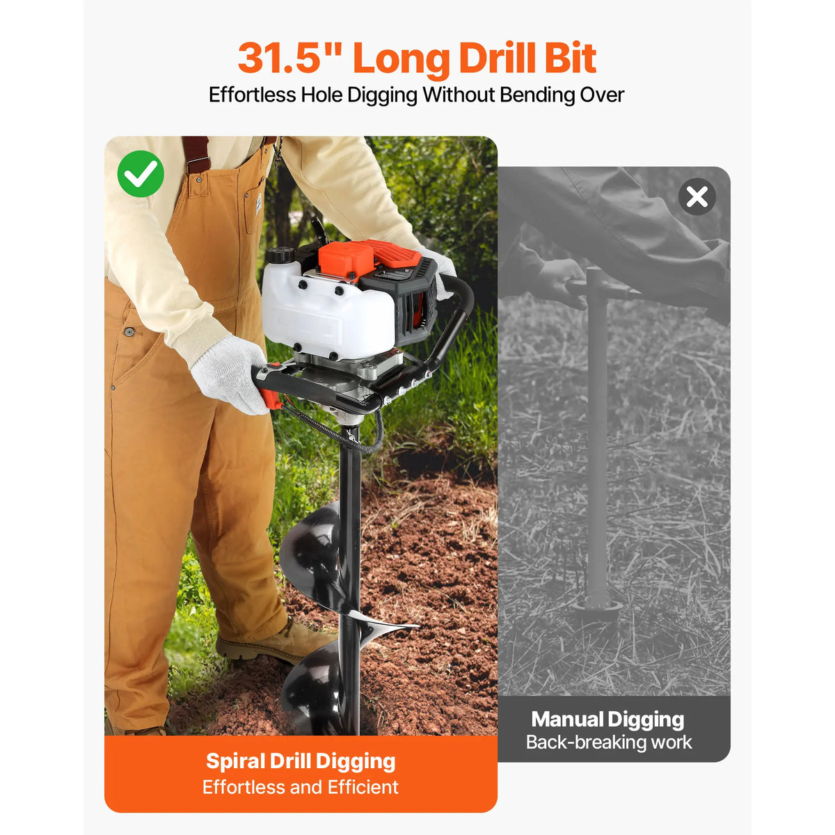 SucceBuy 1450W Gas Powered Post Hole Digger 52cc Post Hole Auger with 6" & 10" Bits 3 Extension Rods for Fence Posts EPA Listed