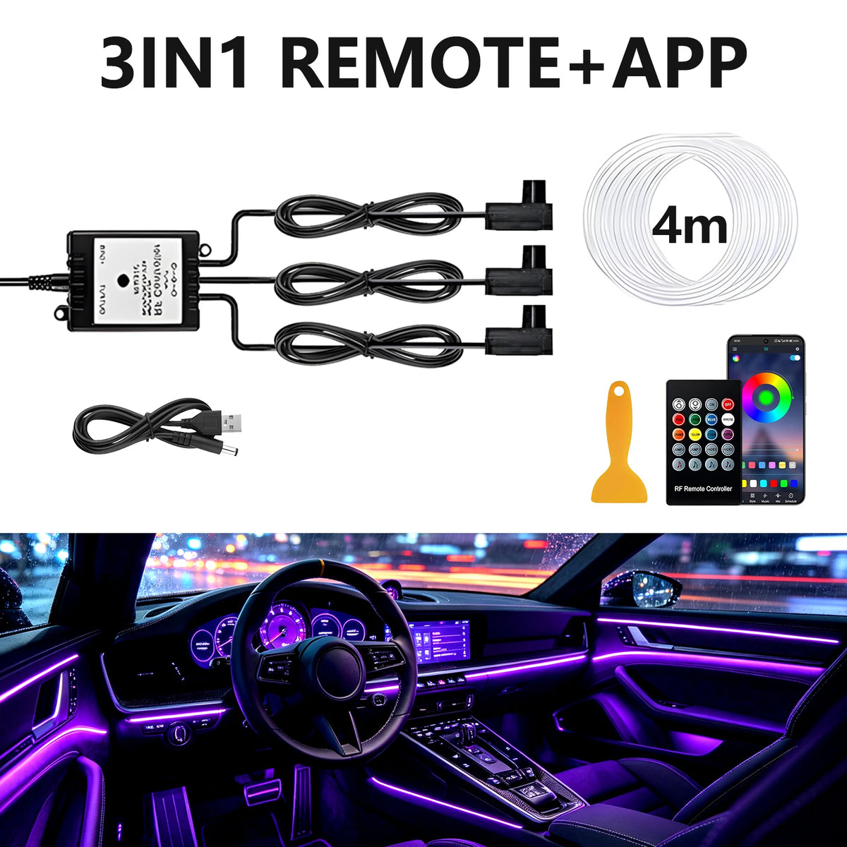 6IN1 8m Car Interior RGB Fiber Optic Ambient Light Kits APP Remote Control Music Sync Neon Strip Light 12V Car Decoration Lamp