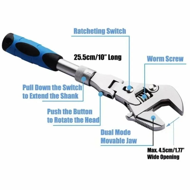 Multifunction 5 in 1, 10 Inch Adjustable Ratchet Wrench, 180 Degree Folding Spanner Innova Techno