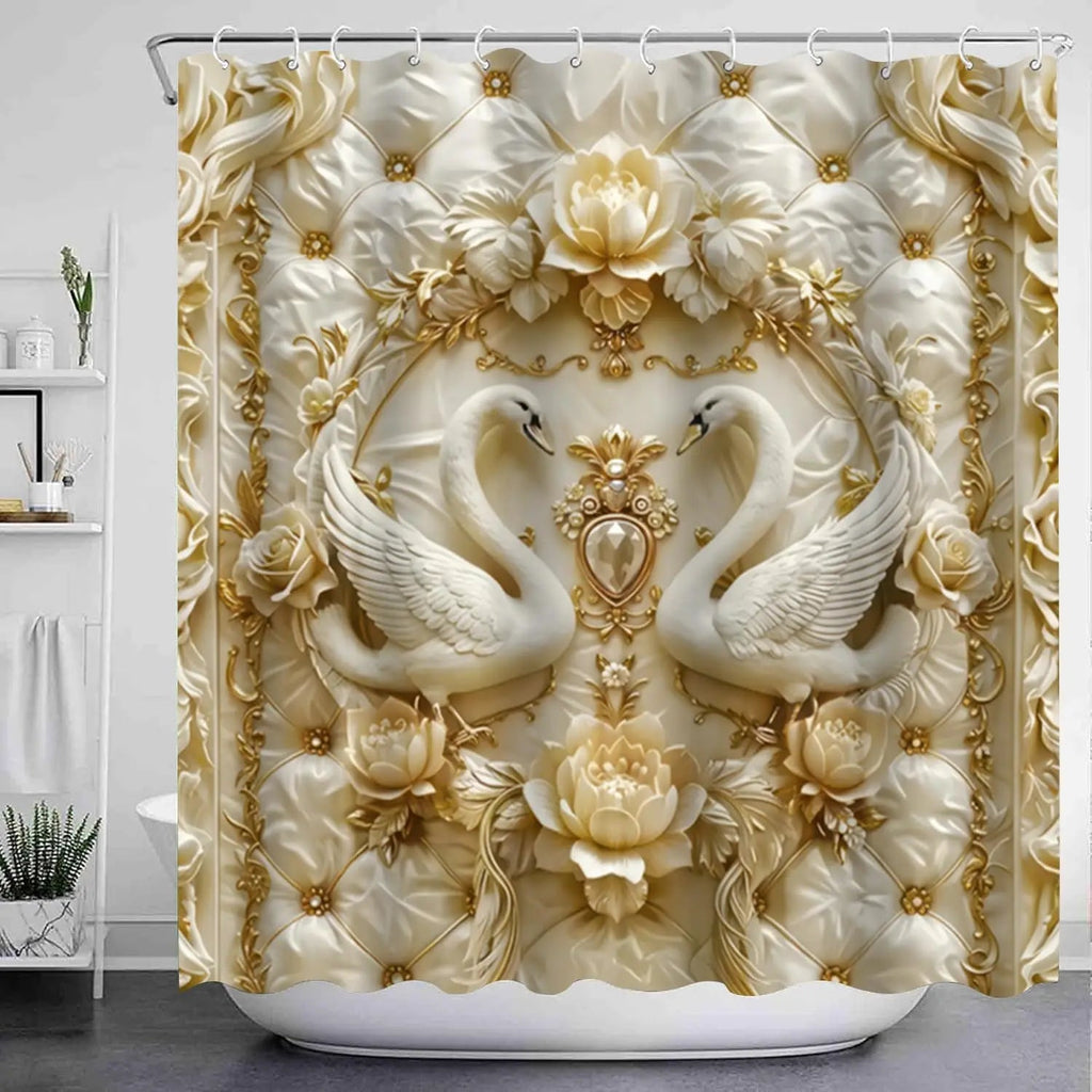 4 Piece Luxury Swan Reliefs Shower Curtain Set - Elegant Bird Printed Bathroom Decor - Washable Fabric Curtain - Rugs and Covers Innova Techno
