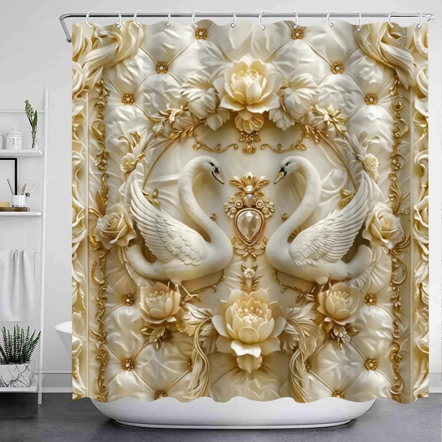 4 Piece Luxury Swan Reliefs Shower Curtain Set - Elegant Bird Printed Bathroom Decor - Washable Fabric Curtain - Rugs and Covers Innova Techno