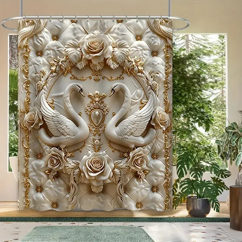 Golden Floral Swan Printed Shower Curtain Set Waterproof Bathroom Partition Curtain with Hooks, Bath Accessories Aesthetic Decor