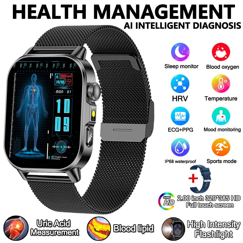 2026 New Model Uric Acid & Lipid Health Analysis Smart Watch Men ECG+PPG Bluetooth Call 2.01-inch Flashlight Smartwatch Women Innova Techno