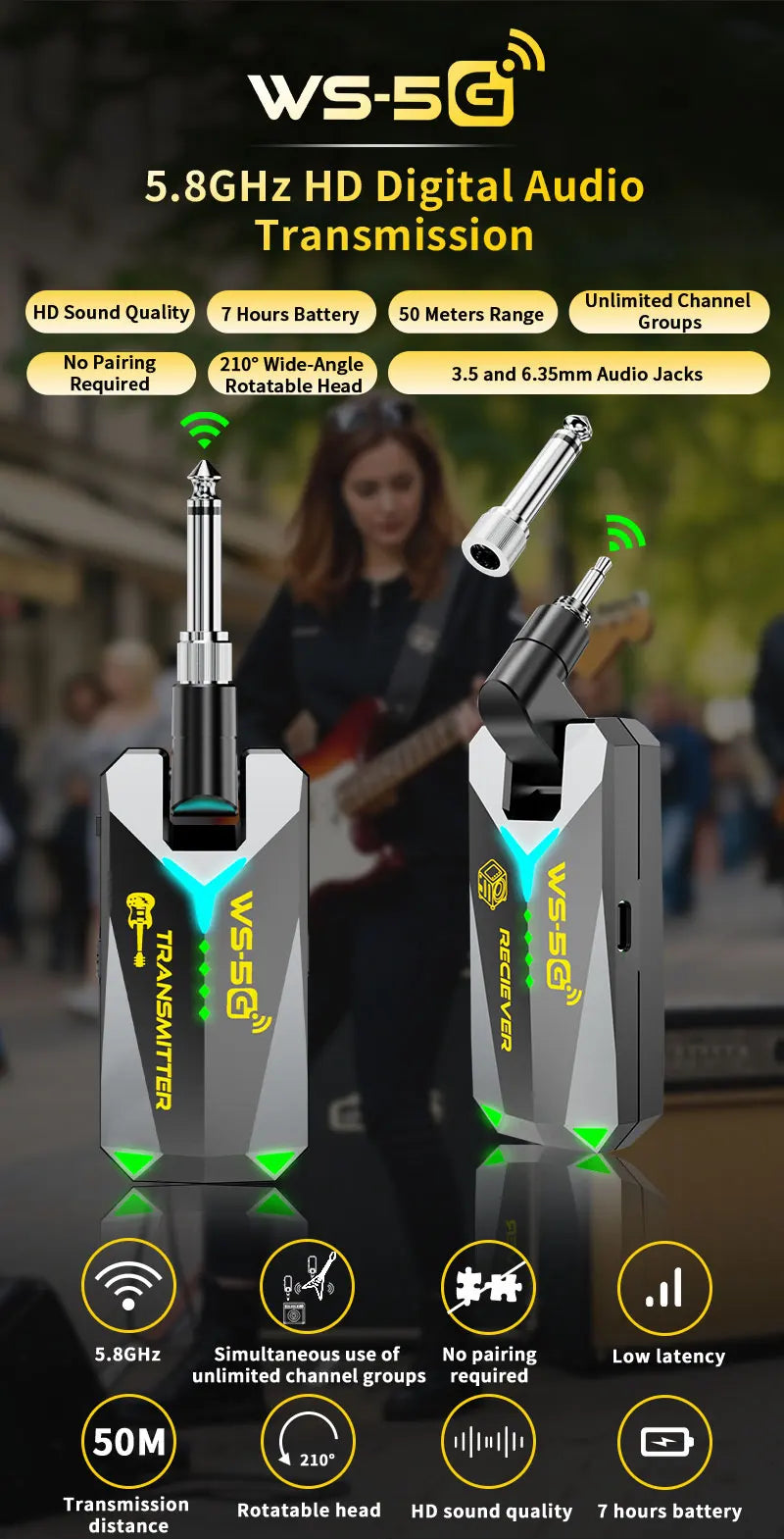 JAMJUM 5.8G Wireless Audio System with 6.35/3.5mm Audio jack Rechargeable Battery holiday gift Innova Techno