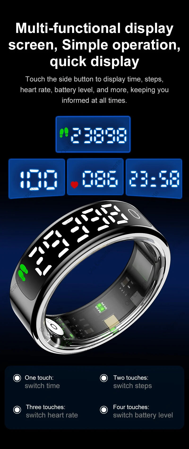 Smart Ring with Display Screen and Touch Heart Rate Blood Oxygen Sleep Health Monitoring Sports Count steps Waterproof Smartring Innova Techno