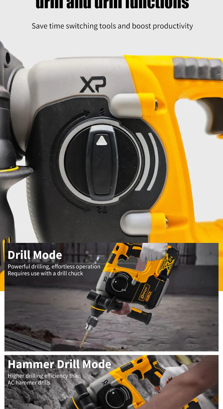 Brushless Hammer Drill Cordless Electric Hammer 20V Wireless Drills Power Tools suitable for Dewalt 20V Battery