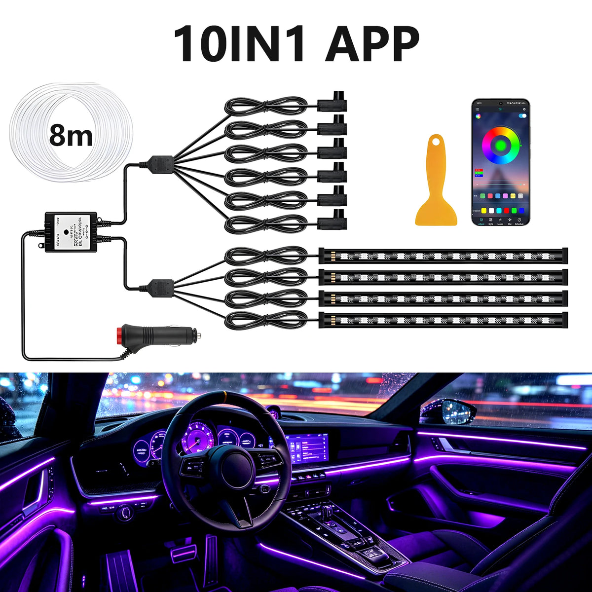 6IN1 8m Car Interior RGB Fiber Optic Ambient Light Kits APP Remote Control Music Sync Neon Strip Light 12V Car Decoration Lamp