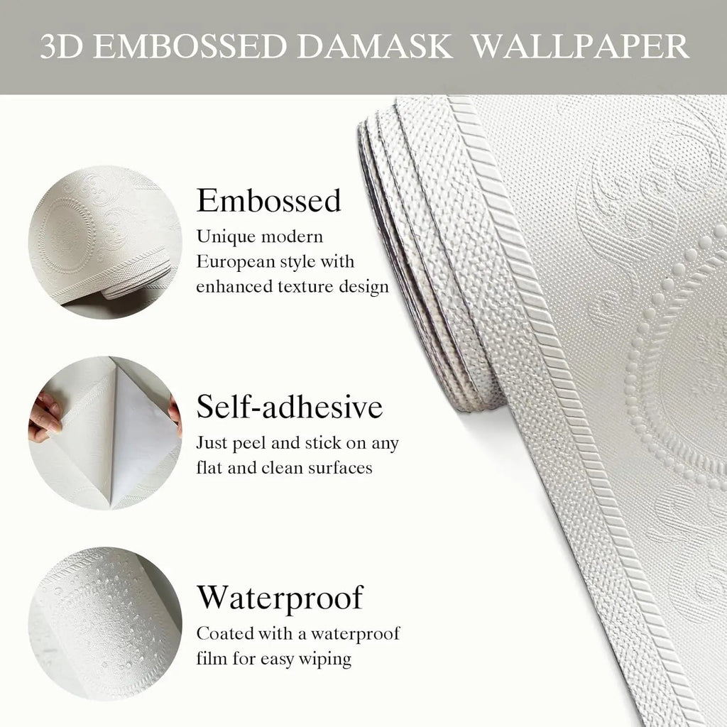 3D White Embossed Peel and Stick Wallpaper Damask Textured Self Adhesive Wallpaper Modern Floral Removable Contact Paper Innova Techno