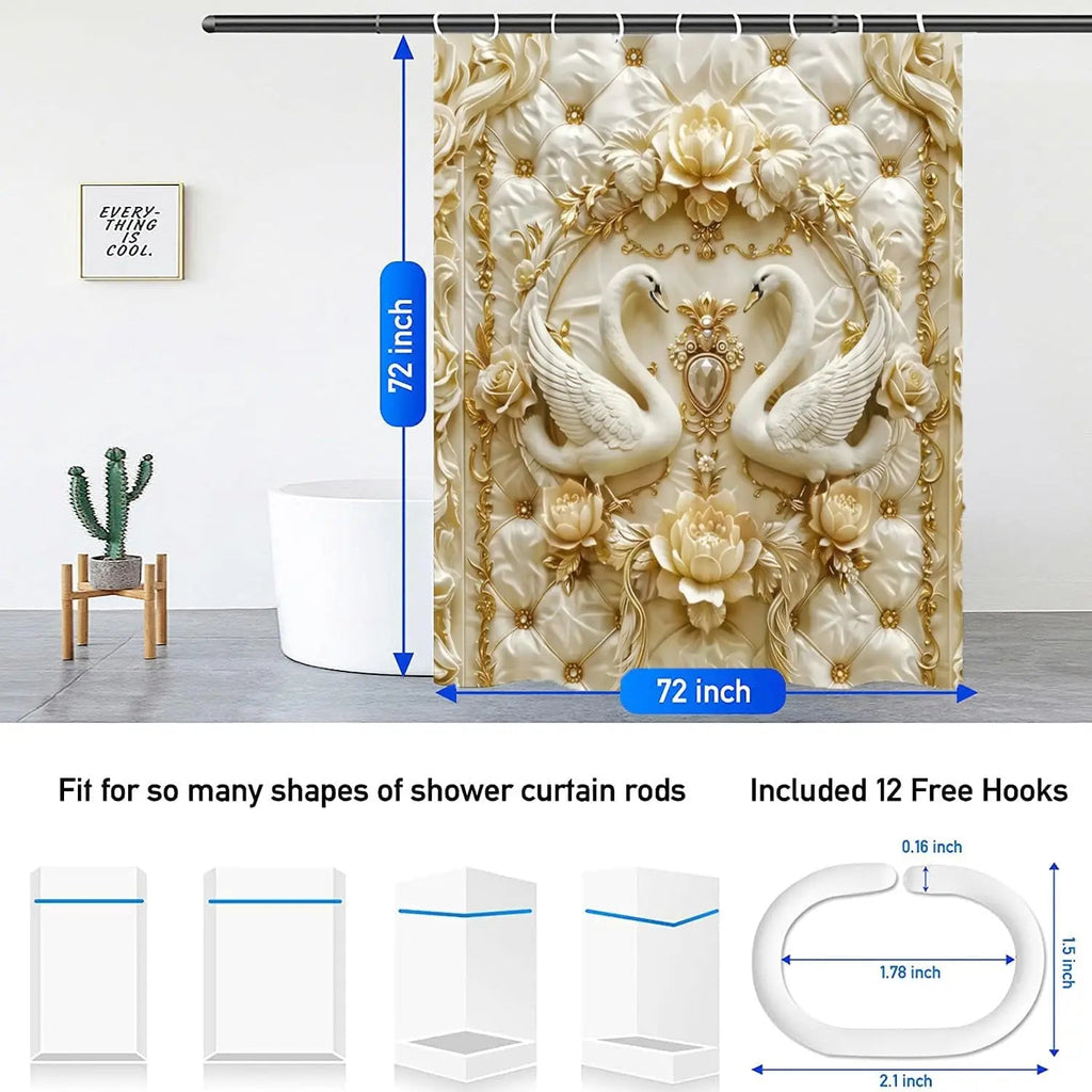 4 Piece Luxury Swan Reliefs Shower Curtain Set - Elegant Bird Printed Bathroom Decor - Washable Fabric Curtain - Rugs and Covers Innova Techno