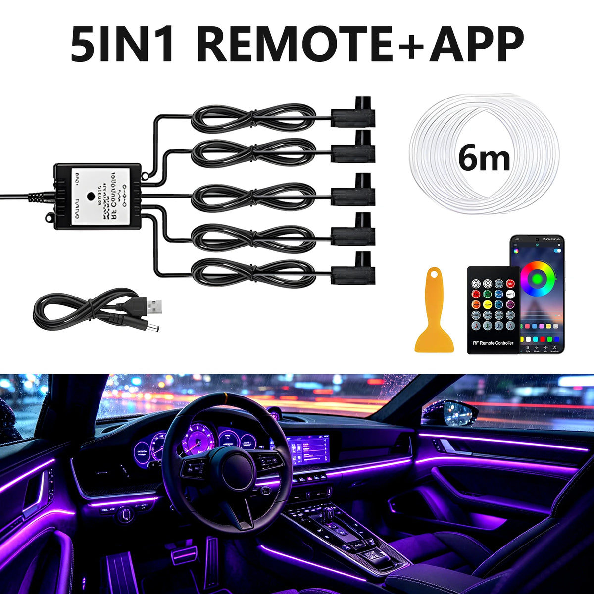6IN1 8m Car Interior RGB Fiber Optic Ambient Light Kits APP Remote Control Music Sync Neon Strip Light 12V Car Decoration Lamp