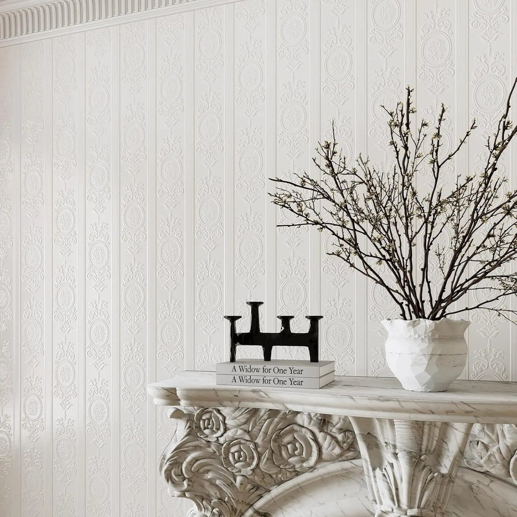 3D White Embossed Peel and Stick Wallpaper Damask Textured Self Adhesive Wallpaper Modern Floral Removable Contact Paper Innova Techno