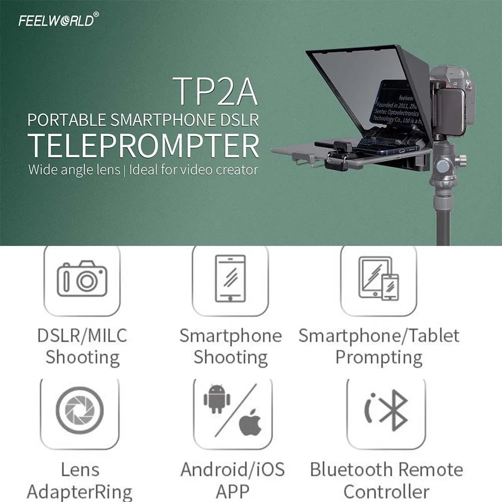 FEELWORLD  TP2A Portable 8 Inch Teleprompter Supports Under 8" DSLR Shooting Smartphone/Tablet Prompting Remote Innova Techno