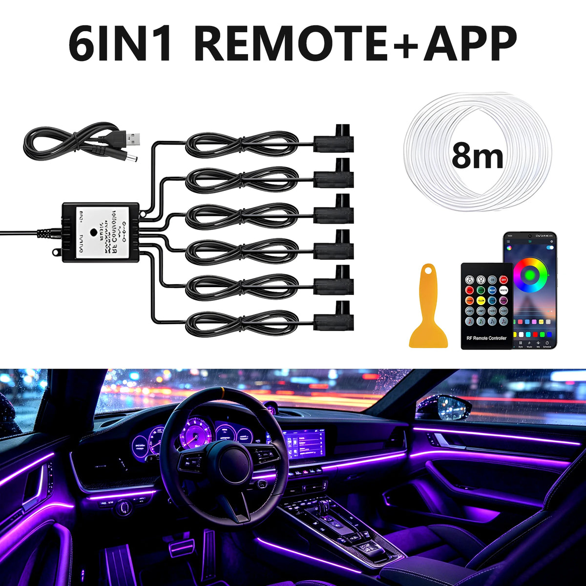 6IN1 8m Car Interior RGB Fiber Optic Ambient Light Kits APP Remote Control Music Sync Neon Strip Light 12V Car Decoration Lamp