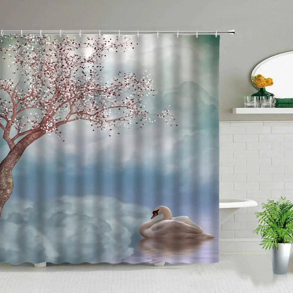 Golden Floral Swan Shower Curtain Set | Waterproof Bathroom
