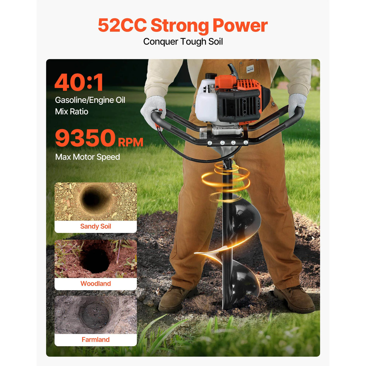 SucceBuy 1450W Gas Powered Post Hole Digger 52cc Post Hole Auger with 6" & 10" Bits 3 Extension Rods for Fence Posts EPA Listed