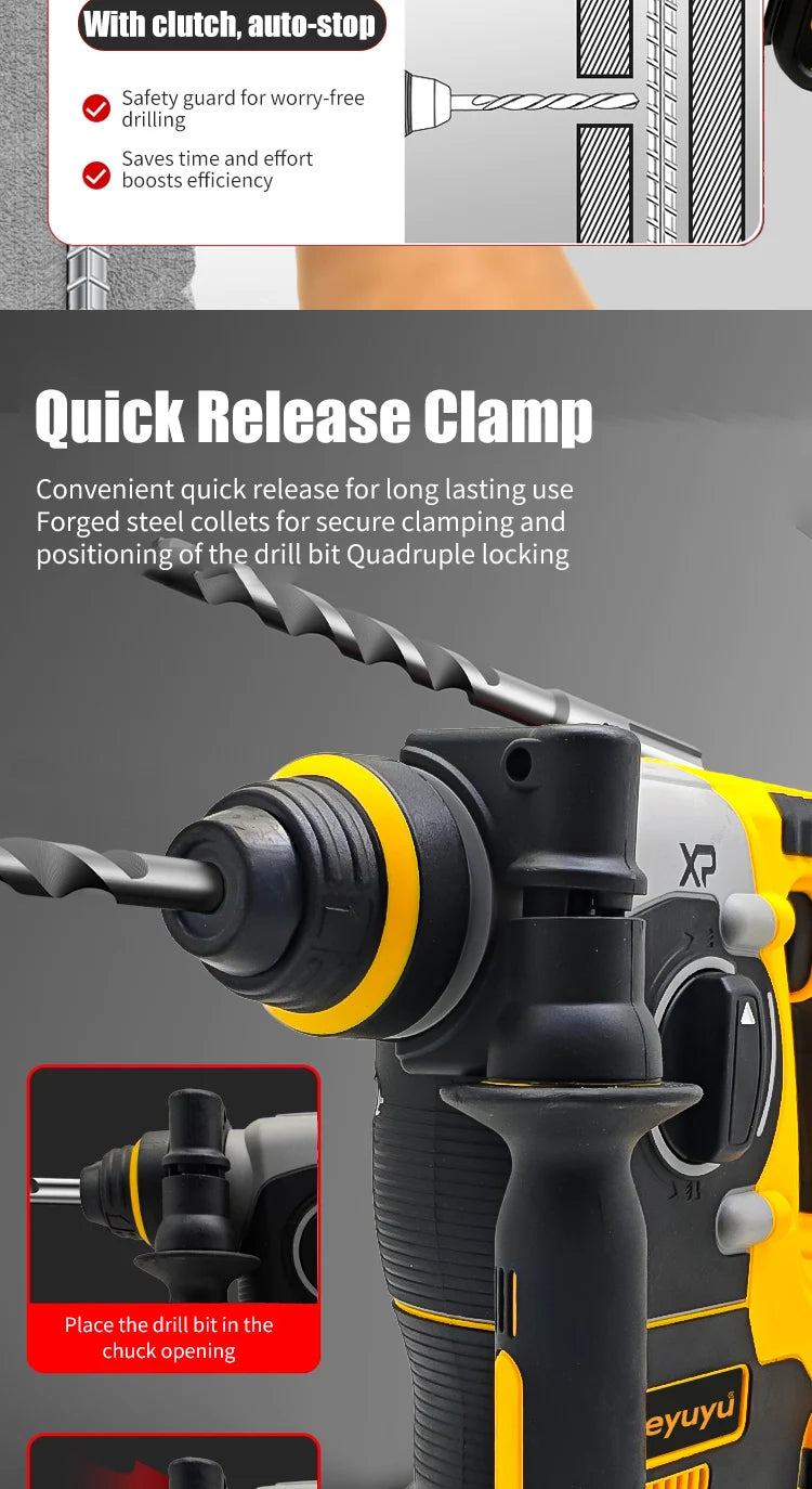 Brushless Hammer Drill Cordless Electric Hammer 20V Wireless Drills Power Tools suitable for Dewalt 20V Battery