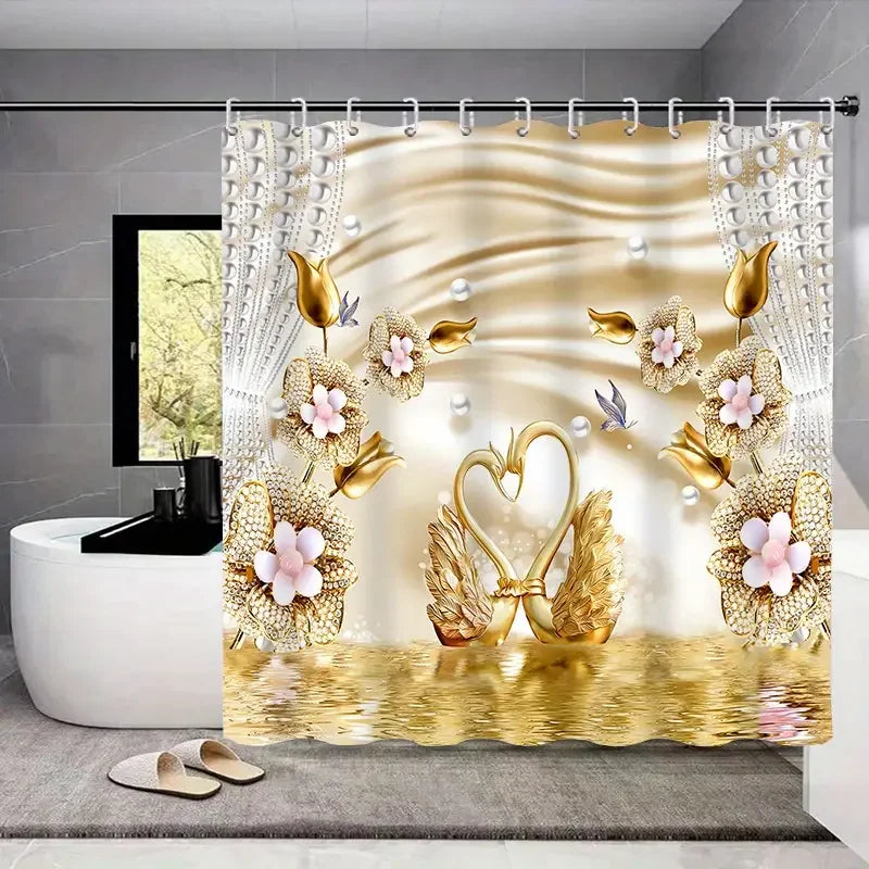 Golden Floral Swan Shower Curtain Set Waterproof Bathroom Curtain
