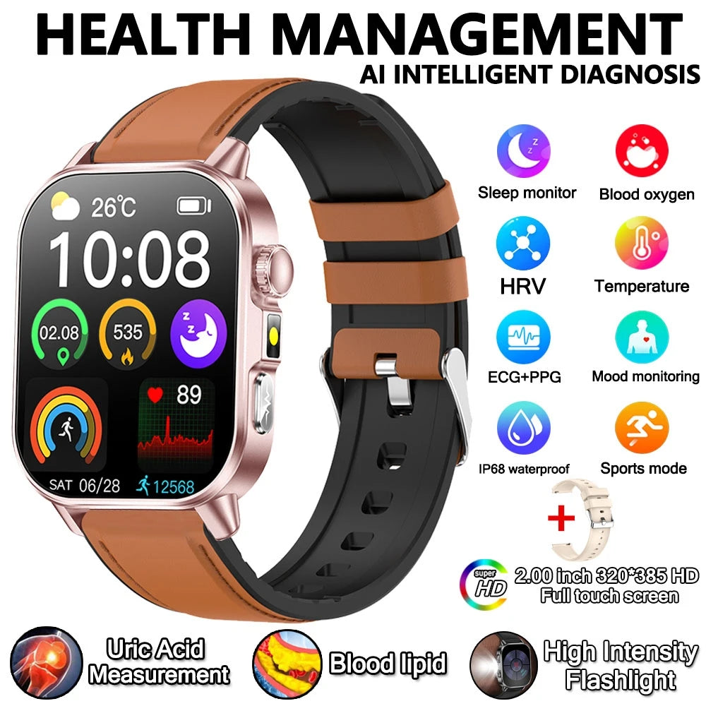 2026 New Model Uric Acid & Lipid Health Analysis Smart Watch Men ECG+PPG Bluetooth Call 2.01-inch Flashlight Smartwatch Women Innova Techno