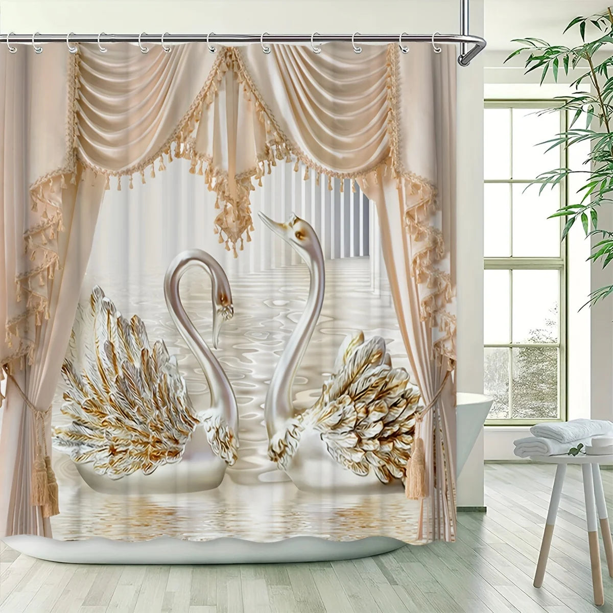 Golden Floral Swan Printed Shower Curtain Set Waterproof Bathroom Partition Curtain with Hooks, Bath Accessories Aesthetic Decor
