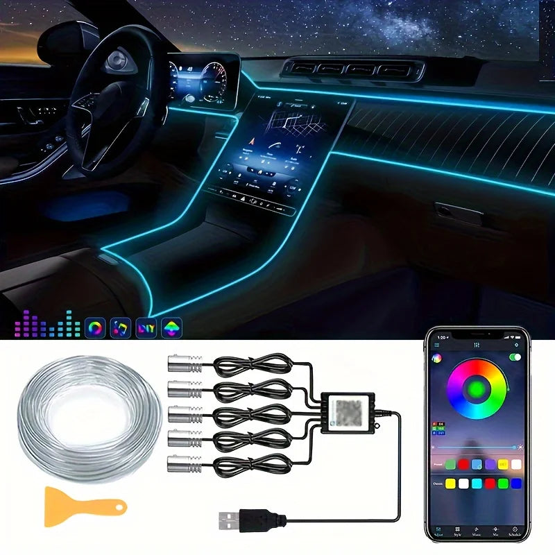 5 in 1 Car Interior LED Ambient Light Strip 6M Fiber Optic Atmosphere Nelon Lighting Kit APP Remote Control Auto Decorative Lamp Innova Techno