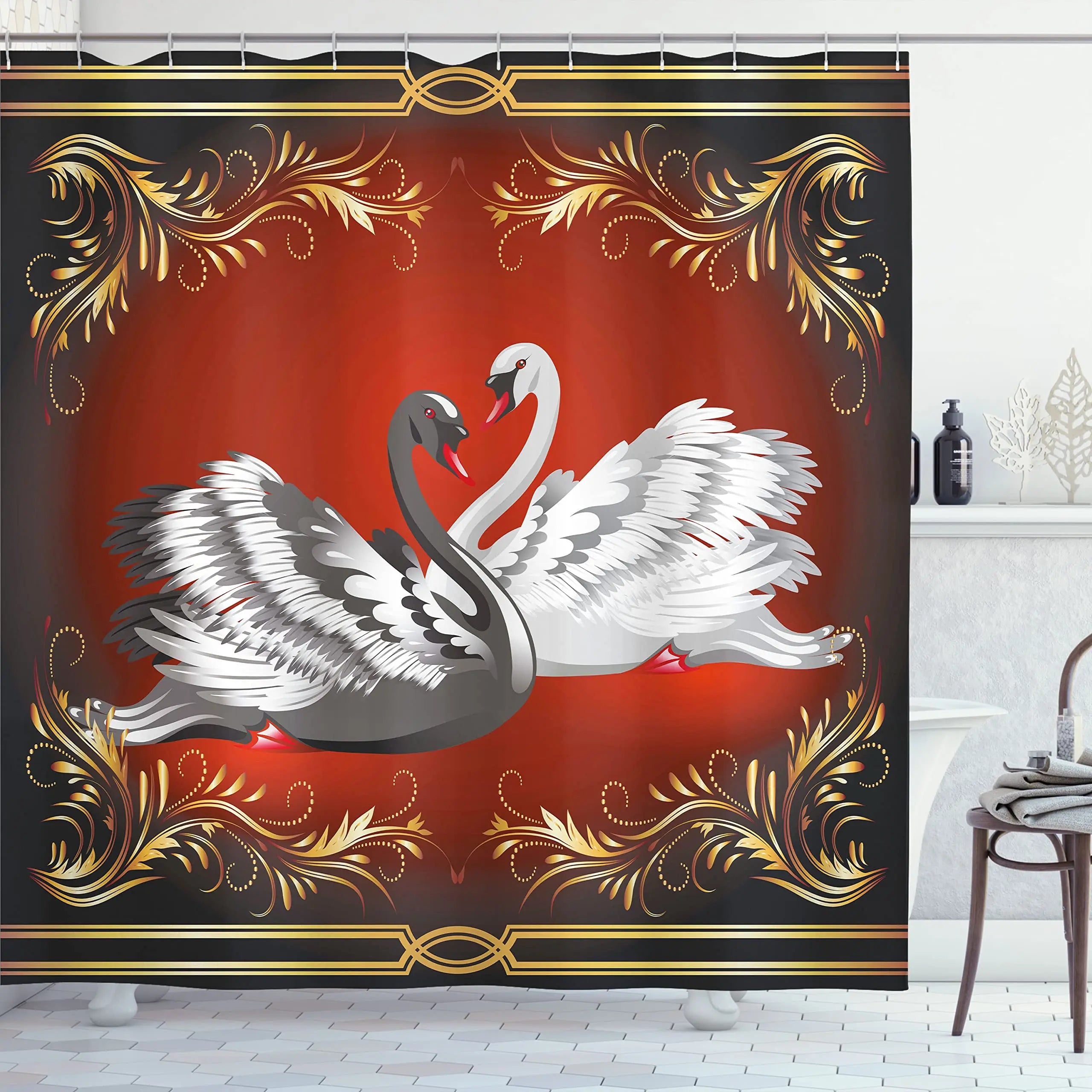 Golden Floral Swan Printed Shower Curtain Set Waterproof Bathroom Partition Curtain with Hooks, Bath Accessories Aesthetic Decor
