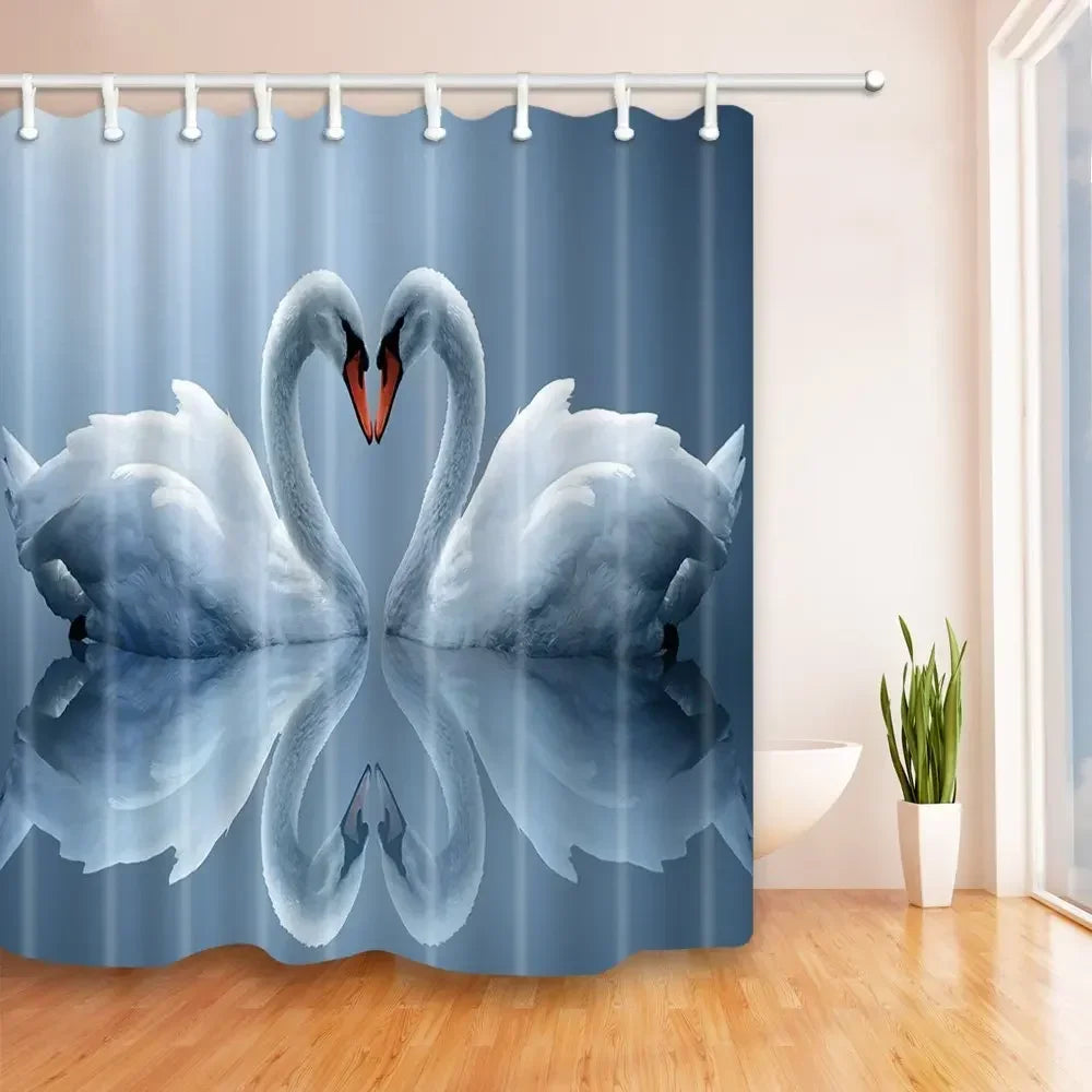 Golden Floral Swan Printed Shower Curtain Set Waterproof Bathroom Partition Curtain with Hooks, Bath Accessories Aesthetic Decor