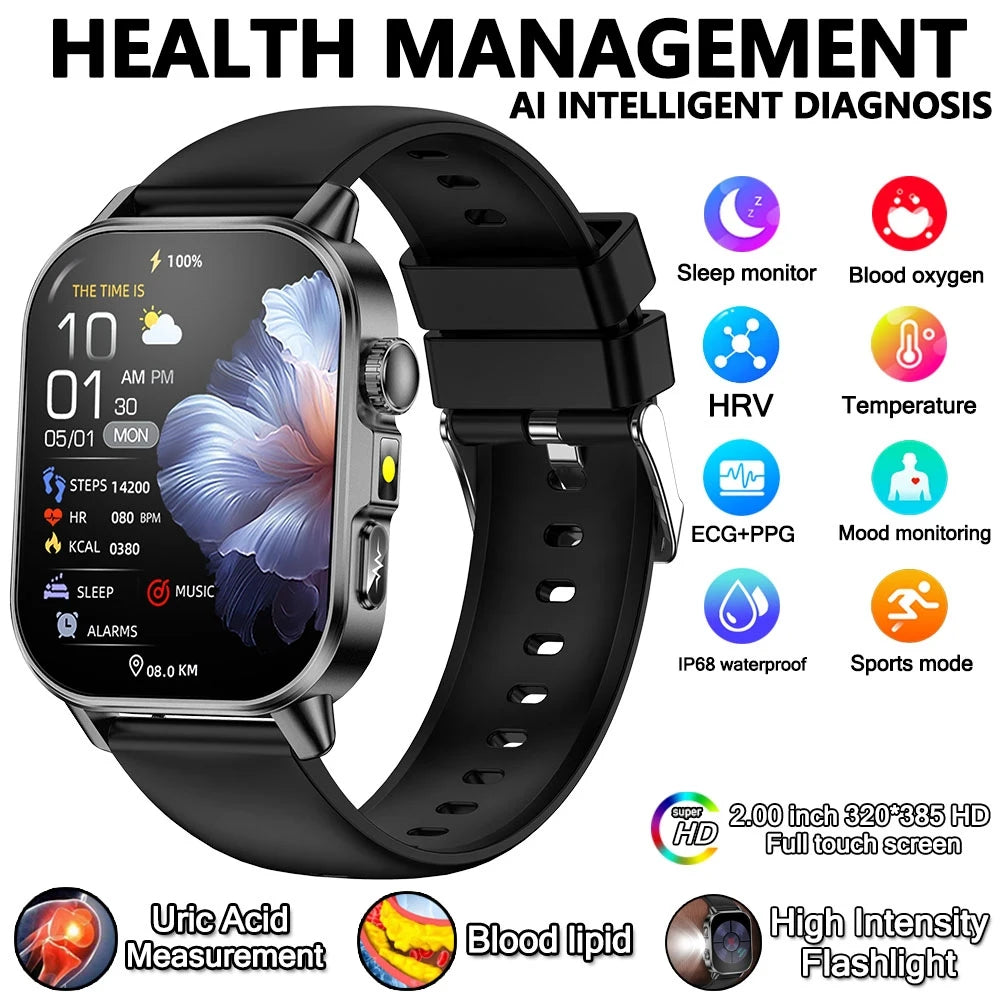 2026 New Model Uric Acid & Lipid Health Analysis Smart Watch Men ECG+PPG Bluetooth Call 2.01-inch Flashlight Smartwatch Women Innova Techno